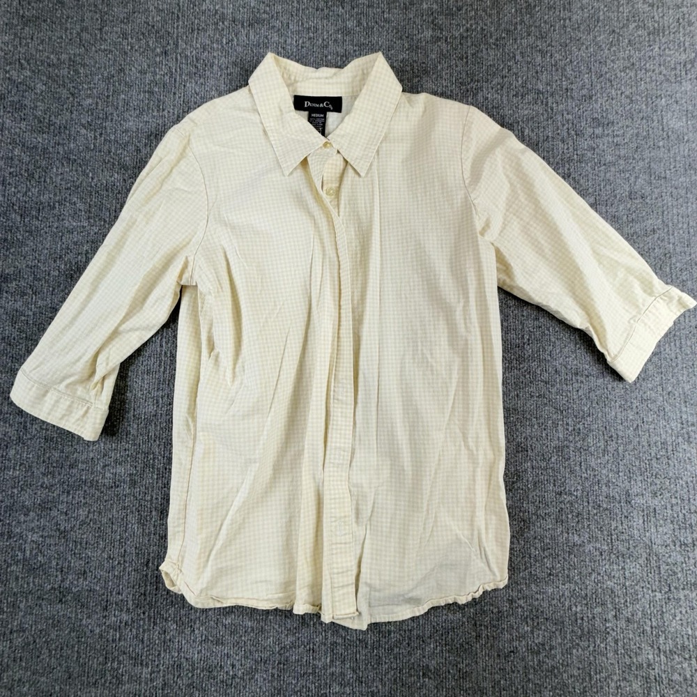 Denim & Co. Shirt Womens Medium Yellow Check Button Front 3/4 Roll Tab Top